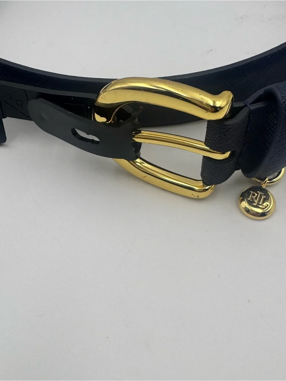 Ralph Lauren Sz XL Women's Charm Crosshatch Leather Belt Lauren Navy 1” Wide